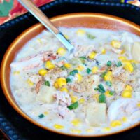 Crab Chowder in a black bowl