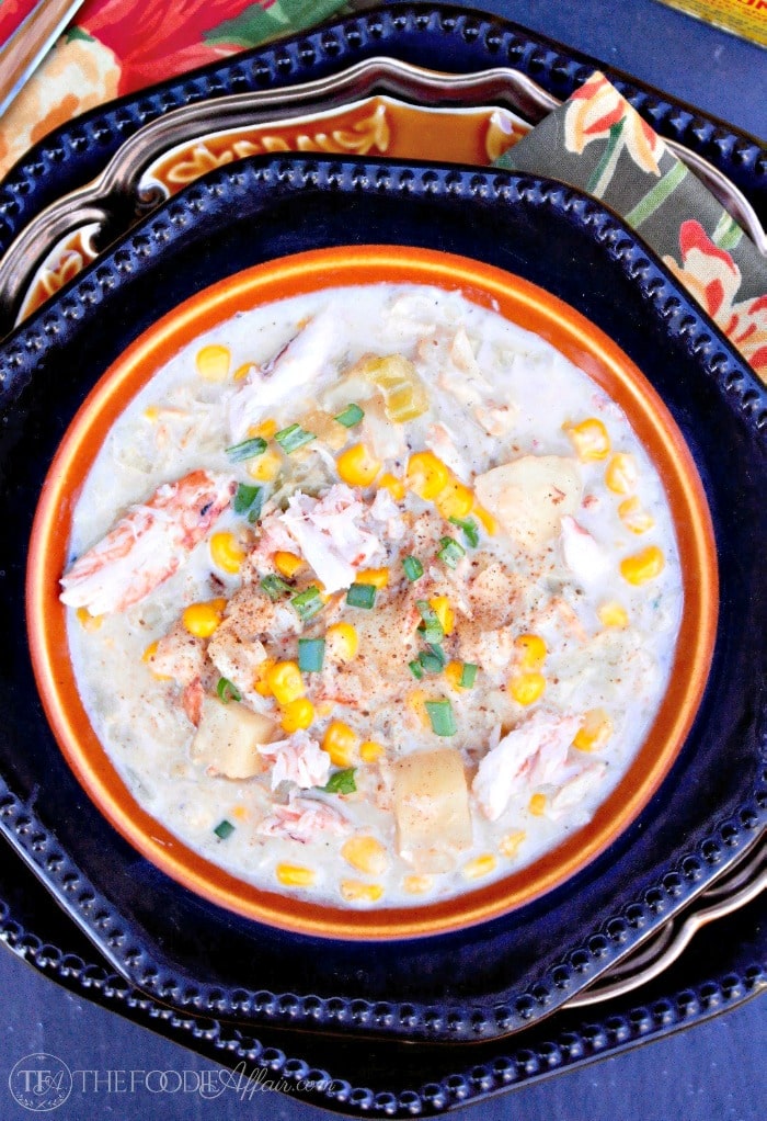 Corn and Crab Chowder is a creamy and simple dish that is on the table in 30 minutes! The Foodie Affair