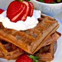 Delicate Whole Wheat Chocolate Waffles topped with whipped cream
