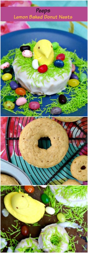 Peeps Baked Lemon Cake Donuts perched in nests are the perfect treats to add to your Easter brunch menu! Fresh lemon flavor that is sweet and slightly mouth puckering! The Foodie Affair