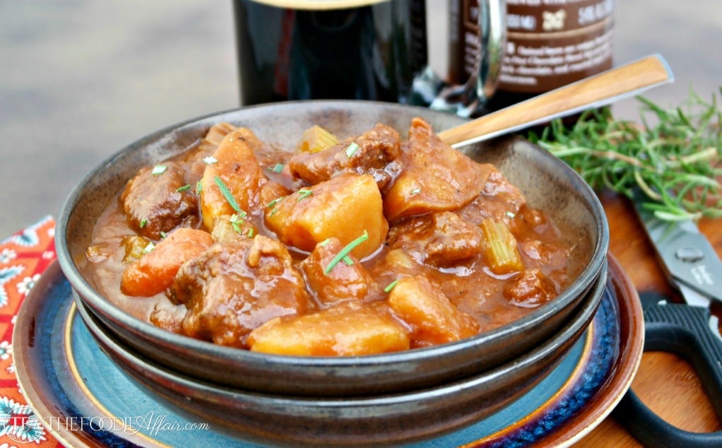 Rich hearty Beef Stout Stew with potatoes, carrots and celery for a complete Irish main dish! The Foodie Affair