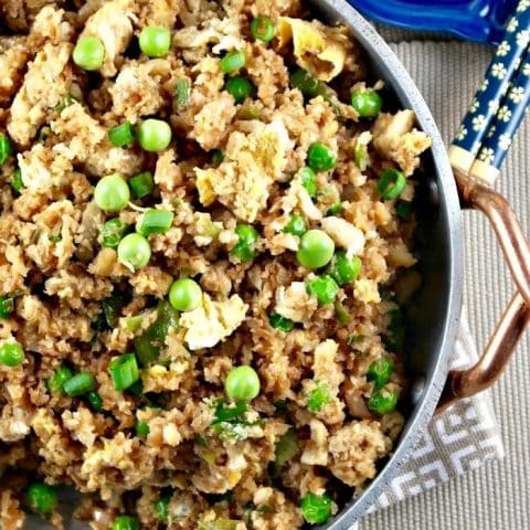 Easy Cauliflower Fried Rice in a tin bowl
