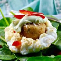 Crabless Cakes in Clouds with an avocado cream sauce makes a great appetizer or addition to a brunch menu! The Foodie Affair