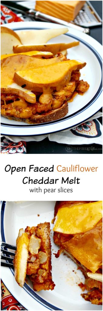 Open Faced Cauliflower Cheddar Melt with slices of pears and honey mustard! This hearty and satisfy vegetarian sandwich is a great meatless Monday meal! The Foodie Affair 