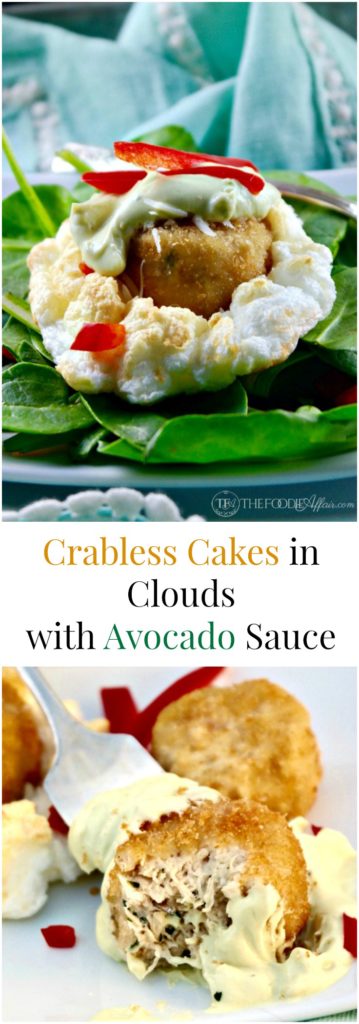 Crabless Cakes in Clouds with an avocado cream sauce makes a great appetizer or addition to a brunch menu! #Ad #OMGardein The Foodie Affair