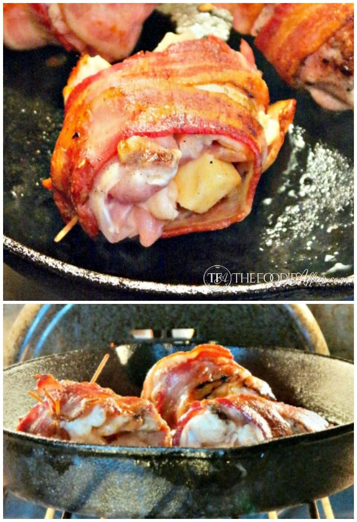 Cheese stuffed chicken in an iron cast skillet