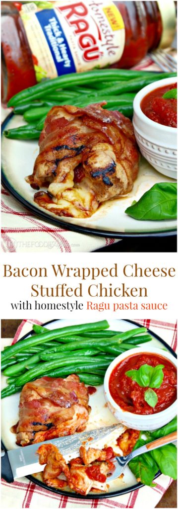 Bacon Wrapped Cheese Stuffed Chicken with RAGÚ homestyle thick & hearty traditional pasta sauce! AD #SimmeredinTradition #HomestyleSauces