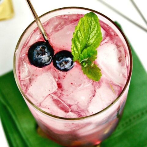 Blueberry Mojito Cocktail made with fresh mint, blueberries, lime juice, rum and a splash of club soda!