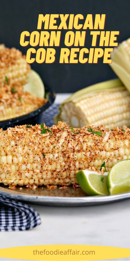 Mexican street corn on the cob topped with butter, spices, Mexican cheese and topped with lime juice. Cook in a slow cooker or on the stove top for tender corn. #BBQ #summer #corn #Mexican 