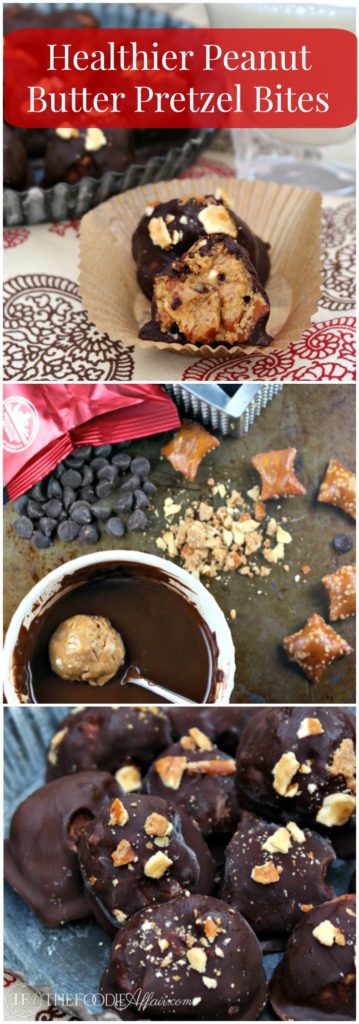 Healthier Peanut Butter Pretzel Bites made with natural peanut butter and a sugar substitute. This protein packed snack will keep you satisfied for hours.