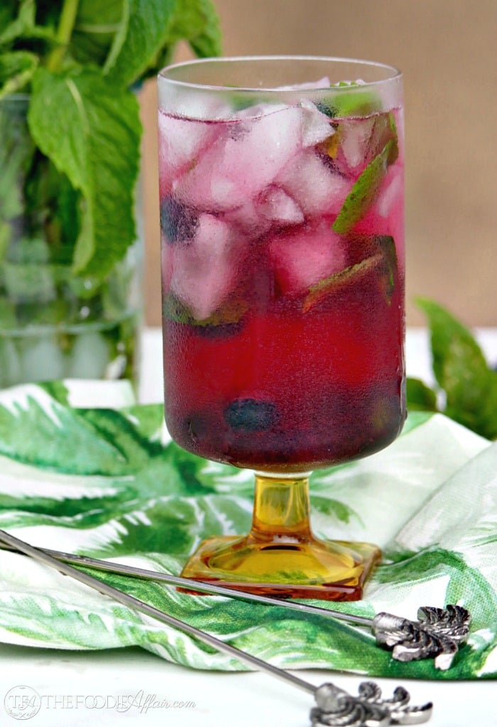 Blueberry Mojito Cocktail made with fresh mint, blueberries, lime juice, rum and a splash of club soda!