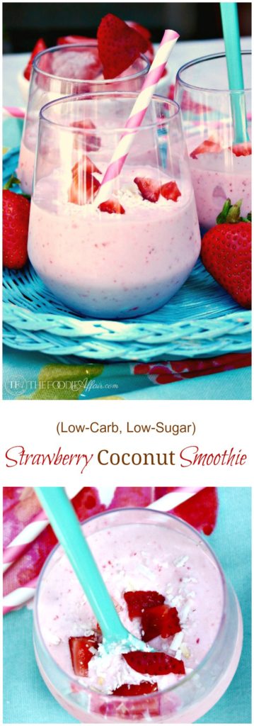 This Strawberry Coconut Smoothie is a low carb and low sugar drink with made with full-fat coconut milk, strawberries, vanilla extract, and a scoop of protein powder. This smoothie is an excellent breakfast, snack, pre or post workout beverage! 