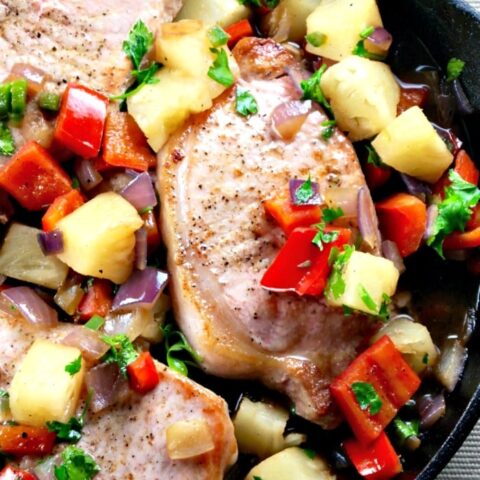 Cast iron skillet with sweet and spicy pork chops