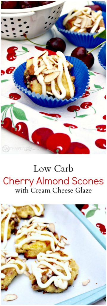 Tender Cherry Almond Scones made with fresh cherries! These scones are low carb, gluten-free and topped with a delicious sugar free cream cheese glaze! 