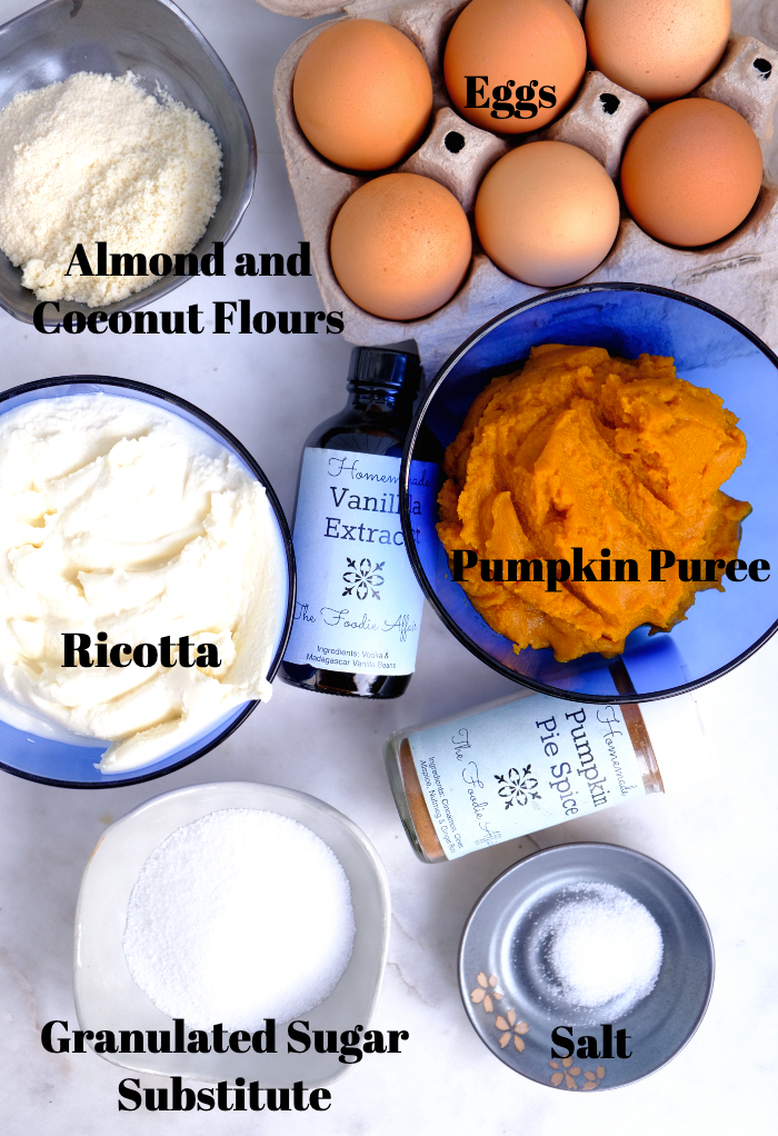 Ingredients for low carb keto pumpkin cheesecake recipe.