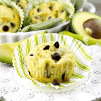 Avocado muffins with chocolate chips on a white plate