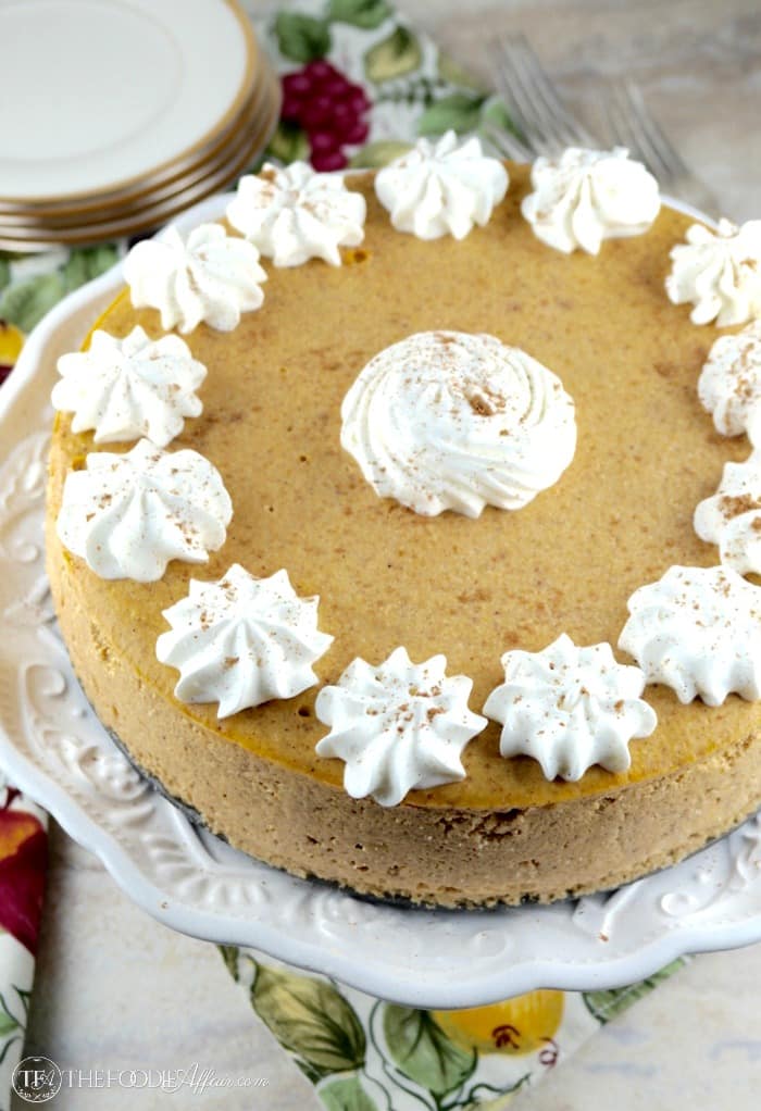 Low carb pumpkin cheesecake made with homemade pumpkin pie spices, pumpkin puree and ricotta cheese!