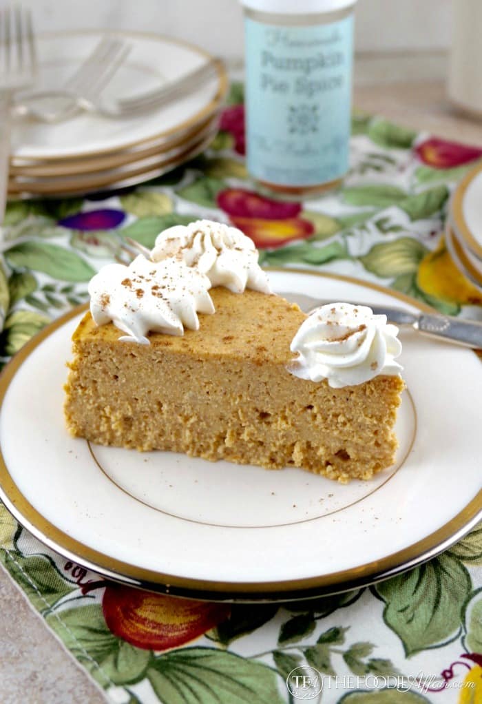 Low carb pumpkin cheesecake made with homemade pumpkin pie spices, pumpkin puree and ricotta cheese!