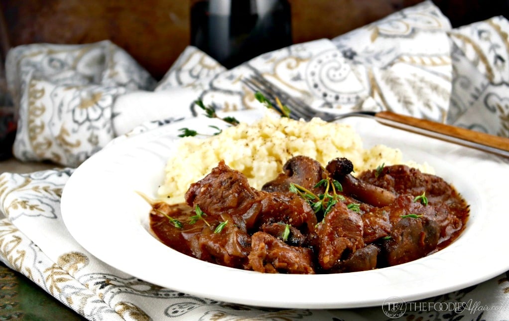 Slow cooked sirloin tips with mushrooms and onions simmered in wine. 