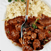 Slow cooked sirloin tips with mushrooms and onions simmered in wine.