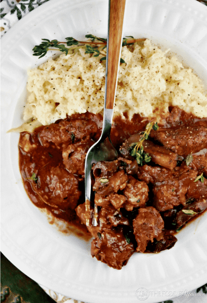 Slow cooked sirloin tips with mushrooms and onions simmered in wine. 