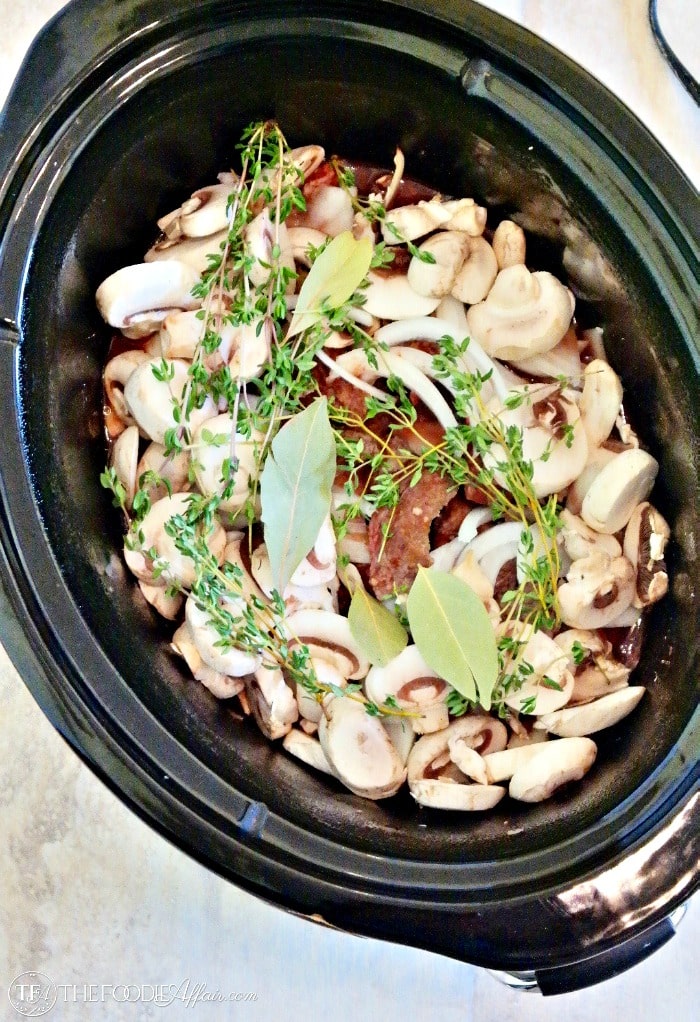 Slow cooked sirloin tips with mushrooms and onions simmered in wine. 