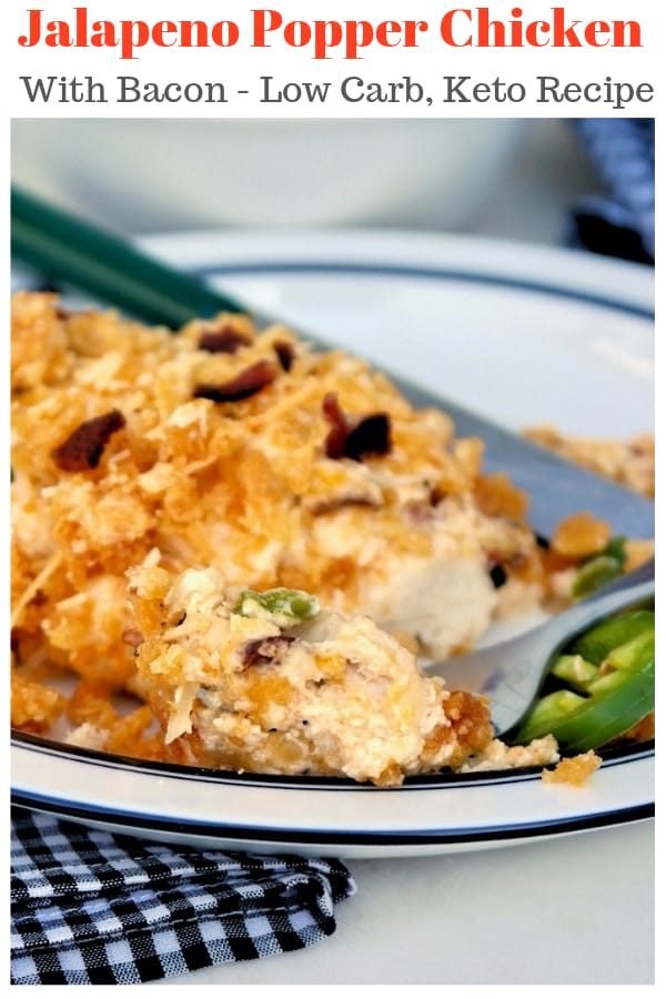  Report this ad JALAPENO POPPER CHICKEN WITH BACON September 9, 2016 by Sandra Shaffer 24 Comments (Edit) Spread the love 55 Shares CHECK OUT THIS RECIPE! Play Video Jalapeno popper chicken loaded with three types of cheese, fresh jalapeno slices, and crispy bacon. This delicious meal will be a family favorite dish and perfect for low carb and keto followers! #chicken #jalapeno #lowcarb #ketorecipe #casserole | www.thefoodieaffair.com