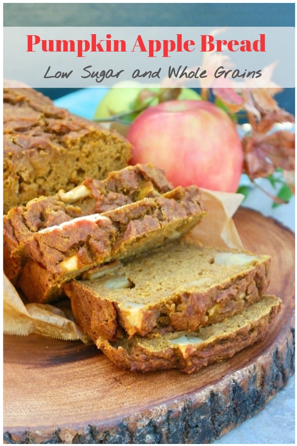 Pumpkin apple bread made with half the sugar of traditional recipes!  This delicious pumpkin bread is a tasty breakfast or snack.  Turn a loaf into muffins if you would like! #bread #pumpkin #bake #apple #homemade #fall #healthyrecipe