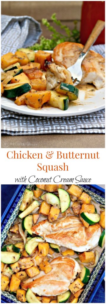 Chicken and Butternut Squash with Coconut Cream Sauce! This easy and healthy Indian-inspired dish is seasoned with warm spices like coriander and nutmeg. 