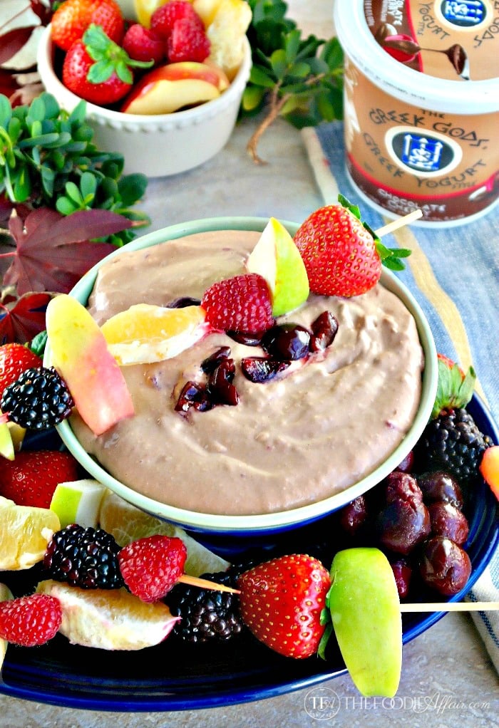 Chocolate Cherry Yogurt Dip with Fruit Kabobs #fruit #dip #yogurt #Ad | thefoodieaffair.com