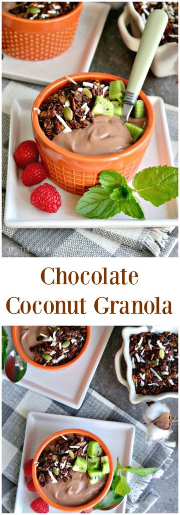 Chocolate coconut granola with pumpkin seeds, carob nibs and coconut flakes #granola #yogurt | thefoodieaffair.com