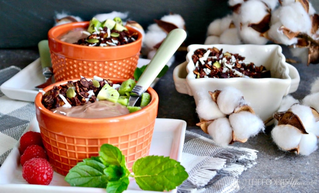 Chocolate coconut granola with pumpkin seeds, carob nibs and coconut flakes #granola #yogurt | thefoodieaffair.com