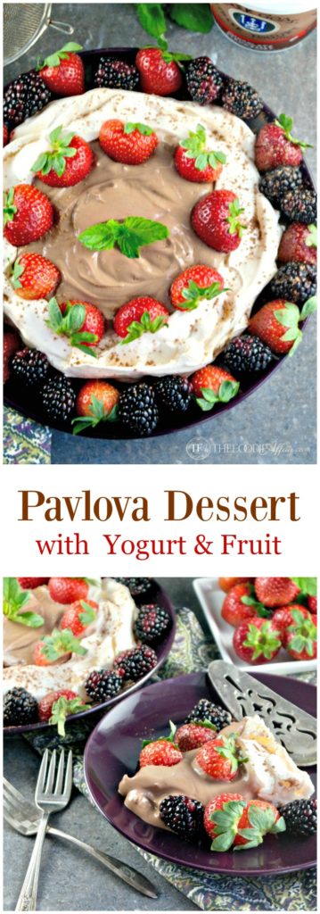 Easy Pavlova Dessert with chocolate yogurt and fresh fruit #pavlova #meringue #ad | thefoodieaffair.com