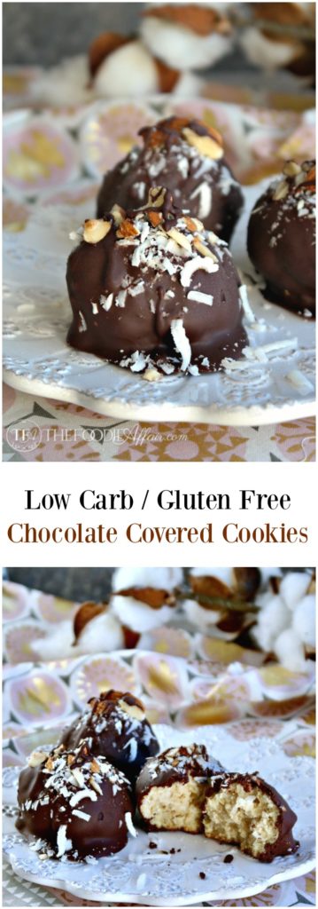 Low carb chocolate covered cookies made with superfine almond flour and coconut flakes #glutenfree #cookies #lowcarb | thefoodieaffair.com