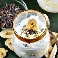 Banana Cream Parfaits layered with fresh whipped cream. This creamy filling is not made from a pre-packaged mix! #banana #parfaits #dessert #sweets | www.thefoodieaffair.com