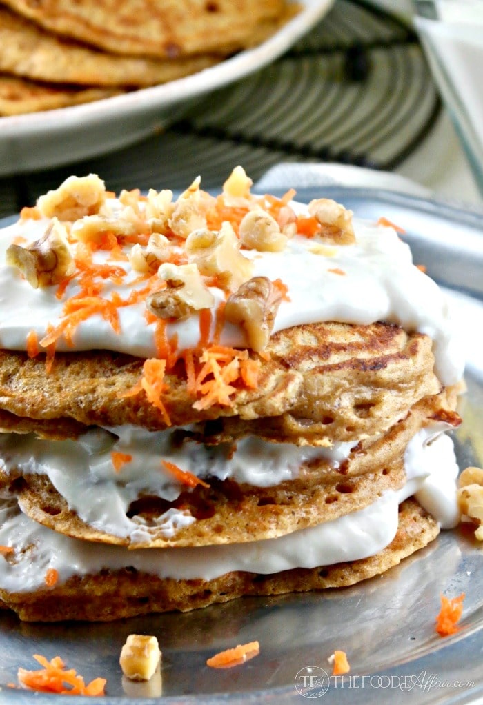 Silver plate of carrot cake pancakes