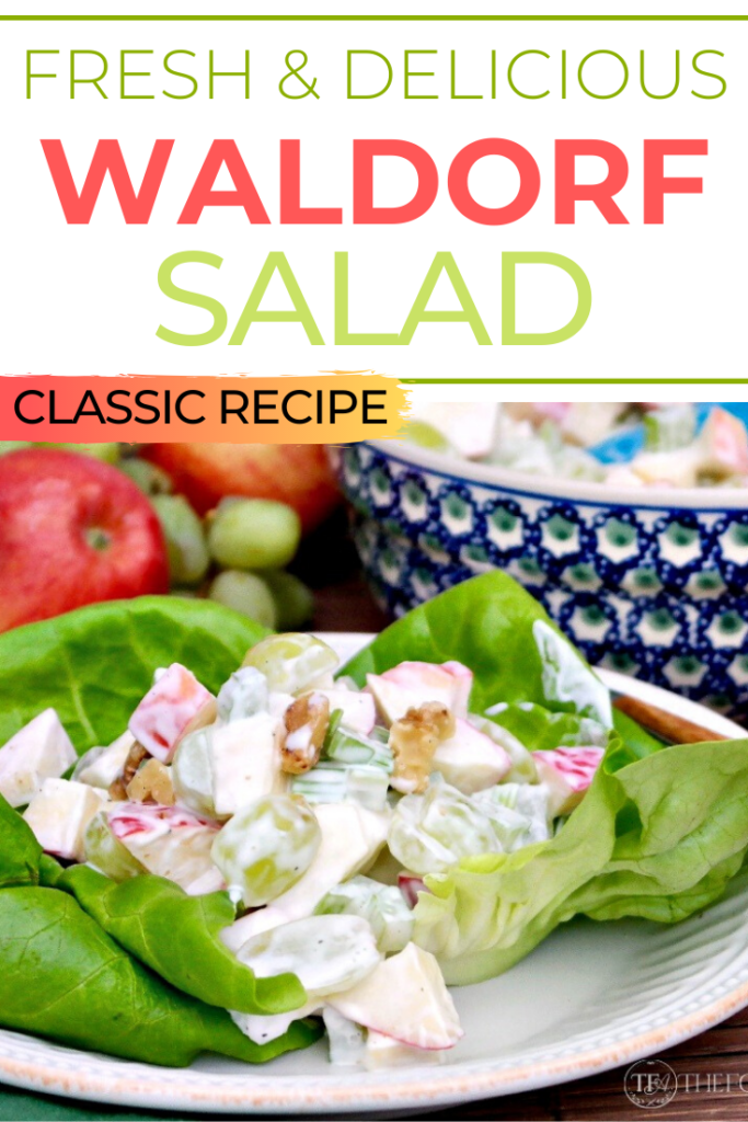 This simple classic recipe is made with diced apples, grapes, celery and walnuts folded in a creamy mayonnaise base dressing.  Serve as a side or add chicken for a complete meal.  #salad #waldorf #apple #sidedish #easyrecipe