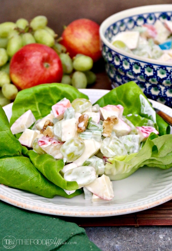 Classic Waldorf Salad Recipe with Fresh Crunchy Apples Over Bib Lettuce