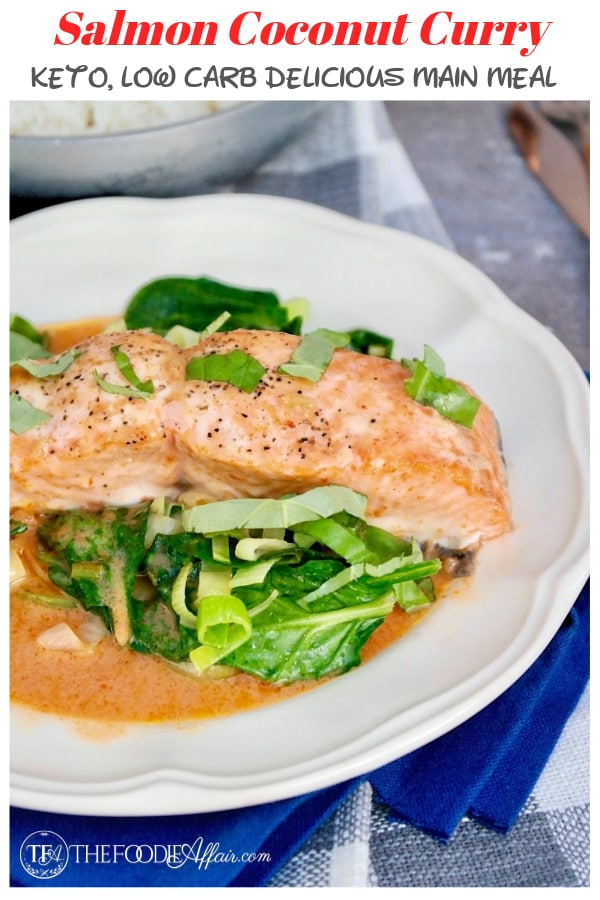 This delicious salmon curry recipe is made with a coconut Thai red fish curry. A heathy and quick meal the whole family will love! #curry #Thai #keto #recipe #seafood #salmon #dinneridea | www.thefoodieaffair.com
