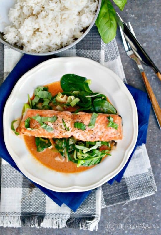 Salmon Coconut Curry Sauce over Sautéed Spinach | The Foodie Affair