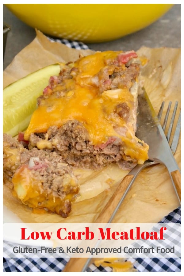 This low carb meatloaf is flavored with all the fixings that would be in a cheeseburger like bacon and stuffed with sharp cheddar cheese. Comfort food keto style! #lowcarb #glutenfree #cheeseburger #meatloaf #ketodiet #comfortfood #thefoodieaffair