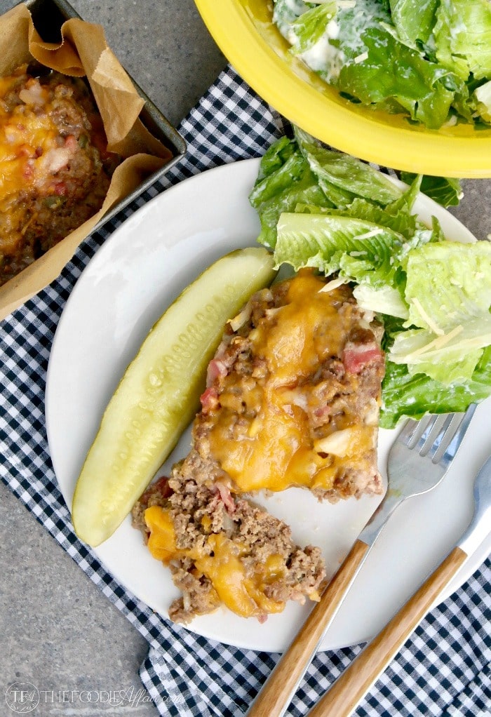 Low Carb Cheeseburger meatloaf topped with sharp cheddar cheese #keto #cheese #hamburger | www.thefoodieaffair.com