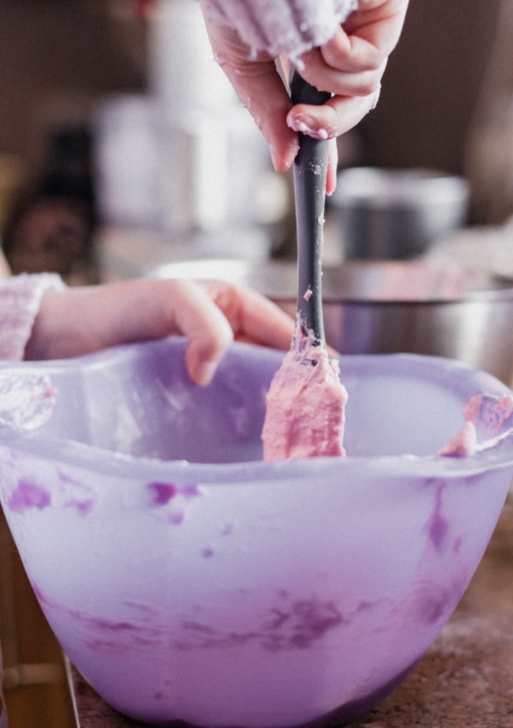 Cookie dough in a mixing bowl. 