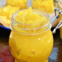 Fresh pumpkin puree in a glass jar.