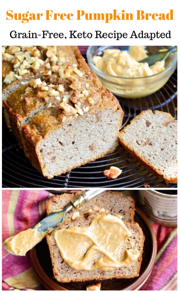 Delicious fall favorite lightened up! This sugar Free pumpkin bread is a tasty low carb treat! #bread #SugarFree #lowCarb 