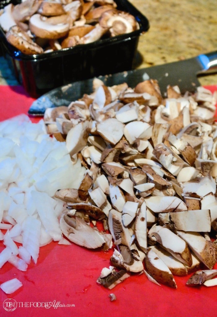 mushroom casserole ingredients - chopped onion and chopped baby bella mushrooms. #mushrooms #lowCarb #casserole | www.thefoodieaffair.com