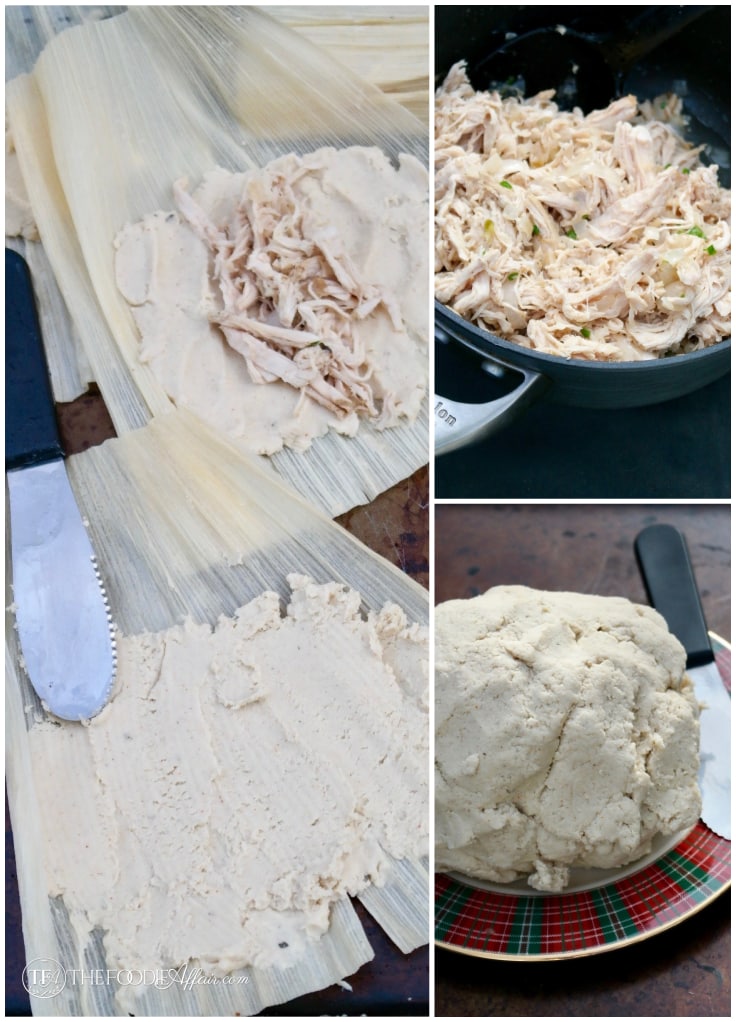 A collage of the ingredients for homemade tamales: shredded turkey, masa dough, and corn husks #tamales #recipe #homemade | www.thefoodieaffair.com