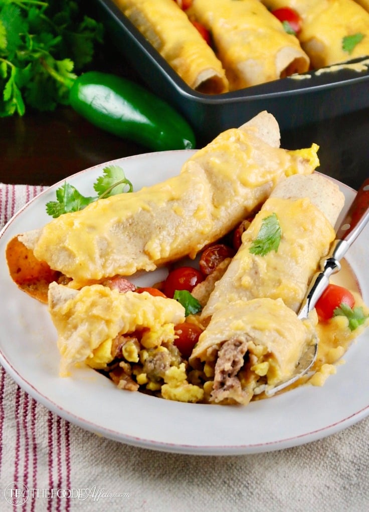 White plate with a healthy breakfast enchilada 