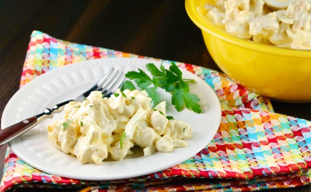 white plate with low carb potato salad 