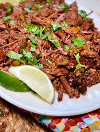 Mexican flavored beef on a white plate with cilantro